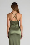 Olive Satin Sheath Spaghetti Straps Long Bridesmaid Dress