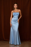 Light Blue Satin Strapless Mermaid Maxi Bridesmaid Dress