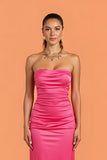 Hot Pink Satin Ruched Strapless Maxi Sheath Bridesmaid Dress