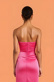 Hot Pink Satin Ruched Strapless Maxi Sheath Bridesmaid Dress