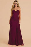 Burgundy Ruched A Line Spaghetti Straps Maxi Bridesmaid Dress