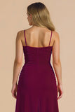 Burgundy Ruched A Line Spaghetti Straps Maxi Bridesmaid Dress