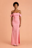 Pink Sheath Off the Shoulder Chiffon Maxi Bridesmaid Dress with Slit