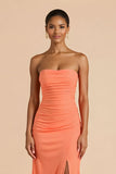 Sheath Chiffon Ruched Strapless Orange Maxi Bridesmaid Dress with Slit
