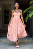 Chiffon A Line Pleated Sunset Spaghetti Straps Long Bridesmaid Dress