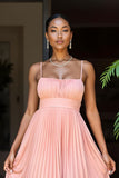 Chiffon A Line Pleated Sunset Spaghetti Straps Long Bridesmaid Dress