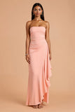 Chiffon Sheath Strapless Blush Maxi Bridesmaid Dress with Ruffles