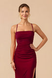 Burgundy Sheath Spaghetti Straps Maxi Bridesmaid Dress with Slit