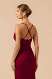 Burgundy Sheath Spaghetti Straps Maxi Bridesmaid Dress with Slit
