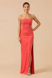 Burgundy Sheath Spaghetti Straps Maxi Bridesmaid Dress with Slit