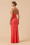 Burgundy Sheath Spaghetti Straps Maxi Bridesmaid Dress with Slit