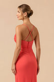 Burgundy Sheath Spaghetti Straps Maxi Bridesmaid Dress with Slit