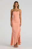 Sheath Sunset Chiffon Strapless Maxi Bridesmaid Dress with Ruffles