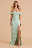 Light Green Sheath Chiffon Off the Shoulder Maxi Bridesmaid Dress with Slit
