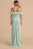 Light Green Sheath Chiffon Off the Shoulder Maxi Bridesmaid Dress with Slit