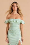 Light Green Sheath Chiffon Off the Shoulder Maxi Bridesmaid Dress with Slit