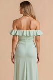 Light Green Sheath Chiffon Off the Shoulder Maxi Bridesmaid Dress with Slit