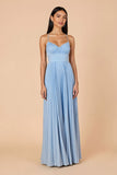 Light Blue Chiffon A Line Spaghetti Straps Pleated Long Bridesmaid Dress