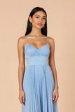 Light Blue Chiffon A Line Spaghetti Straps Pleated Long Bridesmaid Dress