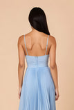 Light Blue Chiffon A Line Spaghetti Straps Pleated Long Bridesmaid Dress