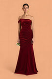 Burgundy Velvet Mermaid Maxi One Shoulder Ruched Bridesmaid Dress