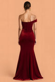 Burgundy Velvet Mermaid Maxi One Shoulder Ruched Bridesmaid Dress