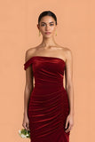 Burgundy Velvet Mermaid Maxi One Shoulder Ruched Bridesmaid Dress