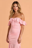 Blush Chiffon Mermaid Off the Shoulder Ruffled Maxi Bridesmaid Dress