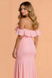 Blush Chiffon Mermaid Off the Shoulder Ruffled Maxi Bridesmaid Dress