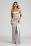 Satin Sheath Silver Spaghetti Straps Ruched Maxi Bridesmaid Dress with Slit