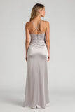 Satin Sheath Silver Spaghetti Straps Ruched Maxi Bridesmaid Dress with Slit