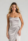 Satin Sheath Silver Spaghetti Straps Ruched Maxi Bridesmaid Dress with Slit