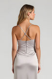 Satin Sheath Silver Spaghetti Straps Ruched Maxi Bridesmaid Dress with Slit
