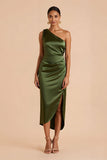 Olive Satin Sheath Midi One Shoulder Ruched Bridesmaid Dress with Slit