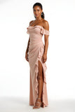 Candy Pink Chiffon Sheath Maxi Ruffled Bridesmaid Dress with Slit