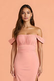Chiffon Sheath Blush Off The Shoulder Maxi Bridesmaid Dress with Slit