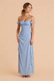 Chiffon Sheath Cold Shoulder Light Blue Maxi Bridesmaid Dress with Ruffles