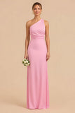 Candy Pink Maxi Chiffon Sheath One Shoulder Bridesmaid Dress