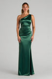 Satin Sheath Dark Green One Shoulder Ruched Maxi Bridesmaid Dress