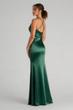 Satin Sheath Dark Green One Shoulder Ruched Maxi Bridesmaid Dress