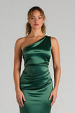 Satin Sheath Dark Green One Shoulder Ruched Maxi Bridesmaid Dress