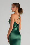 Satin Sheath Dark Green One Shoulder Ruched Maxi Bridesmaid Dress