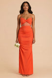 Orange Sheath Spaghetti Straps Cut Out Ruched Maxi Bridesmaid Dress