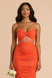 Orange Sheath Spaghetti Straps Cut Out Ruched Maxi Bridesmaid Dress