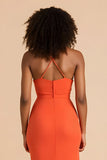 Orange Sheath Spaghetti Straps Cut Out Ruched Maxi Bridesmaid Dress
