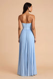 Sky Blue A Line Chiffon Spaghetti Straps Maxi Pleated Bridesmaid Dress