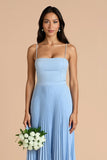 Sky Blue A Line Chiffon Spaghetti Straps Maxi Pleated Bridesmaid Dress