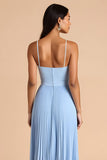 Sky Blue A Line Chiffon Spaghetti Straps Maxi Pleated Bridesmaid Dress