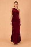 Burgundy Velvet Mermaid One Shoulder Long Bridesmaid Dress
