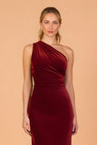 Burgundy Velvet Mermaid One Shoulder Long Bridesmaid Dress